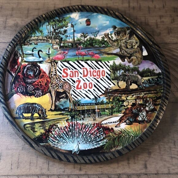 San Diego Zoo 1970s Vintage Handpainted Tray featuring SkyPark 🐅 🦏 🐨 🦧 🦒 - Picture 1 of 17